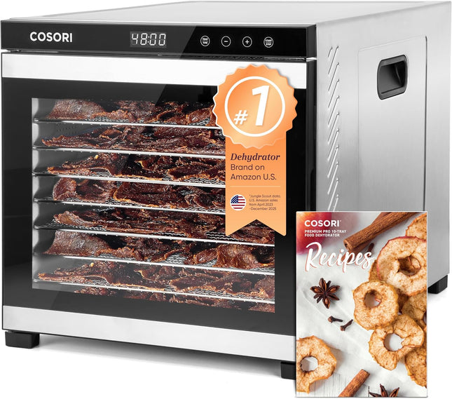 Cosori Food Dehydrator, Bigger Than 7 Trays with Large 6.5 ft² Drying Space, Stainless Steel Trays, 600W Faster Drying, 165°F Dehydrated Dryer for Jerky, Dog Treats, Herbs, Meat, Fruit, Yogurt, Silver