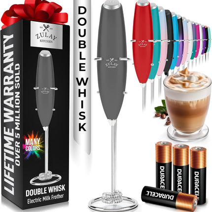 Zulay Kitchen Мощный капучинатор-пеновзбиватель для молока с батарейками Duracell — Сверхбыстрый ручной миксер для напитков — Электрический венчик для приготовления пенки для кофе, латте, капучино и матчи — Мотор Z1 — Черный