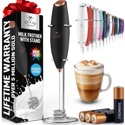 Zulay Kitchen Мощный капучинатор-пеновзбиватель на батарейках Duracell – Ультрабыстрый ручной миксер для напитков – Электрический венчик для взбивания пены для кофе, латте, капучино и матча – Мотор Z1 – Черный