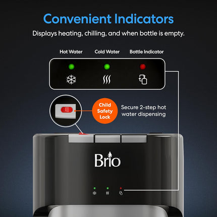 Кулер для воды Brio с нижней загрузкой для бутылей 19 л — 3 температуры (горячая, комнатная и холодная), защита от детей, светодиодный дисплей с оповещением о пустой бутыли, нержавеющая сталь