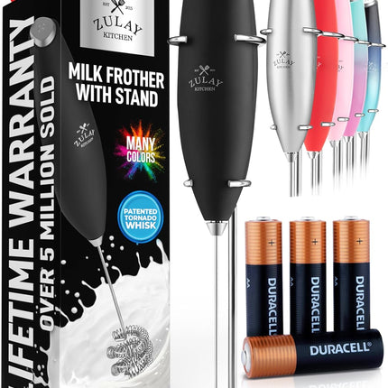 Zulay Kitchen Мощный капучинатор-пеновзбиватель для молока с батарейками Duracell — Сверхбыстрый ручной миксер для напитков — Электрический венчик для приготовления пенки для кофе, латте, капучино и матчи — Мотор Z1 — Черный