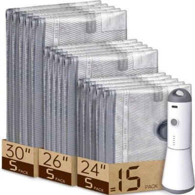 Vacbird 15er Pack Vakuumbeutel für Reisen mit wiederaufladbarer kabelloser Elektropumpe, Handgepäck-Packtaschen für Gepäck und Koffer, Platzsparer für Kleidung
