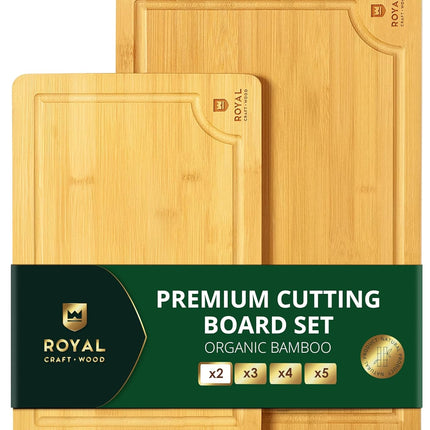 ROYAL CRAFT WOOD Деревянные разделочные доски для приготовления пищи и сервировки – Набор сервировочных досок из бамбукового дерева с глубоким желобом для сока и боковыми ручками – Для мясной нарезки и разделки мяса