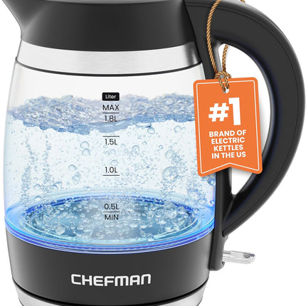 Электрический чайник Chefman, 1,8 л, 1500 Вт, бойлер для горячей воды, съемная крышка для легкой очистки, автоматическое отключение, защита от выкипания, фильтр из нержавеющей стали, не содержит бисфенола А, электрический чайник из боросиликатного стекла
