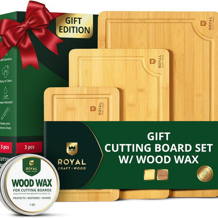 ROYAL CRAFT WOOD Деревянные разделочные доски для приготовления пищи и сервировки – Набор сервировочных досок из бамбукового дерева с глубоким желобом для сока и боковыми ручками – Для мясной нарезки и разделки мяса