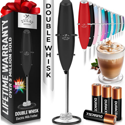 Zulay Kitchen Мощный капучинатор-пеновзбиватель для молока с батарейками Duracell — Сверхбыстрый ручной миксер для напитков — Электрический венчик для приготовления пенки для кофе, латте, капучино и матчи — Мотор Z1 — Черный