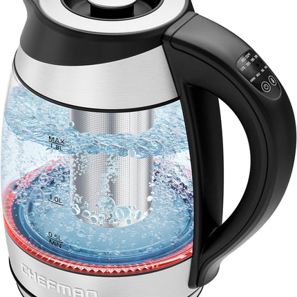 【Local warehouse】Chefman Electric Kettle with Temperature Control, 5 Presets LED Indicator Lights, Removable Tea Infuser, Glass Tea Kettle & Hot Water Boiler, 360° Swivel Base, BPA Free, Stainless Steel, 1.8 Liters