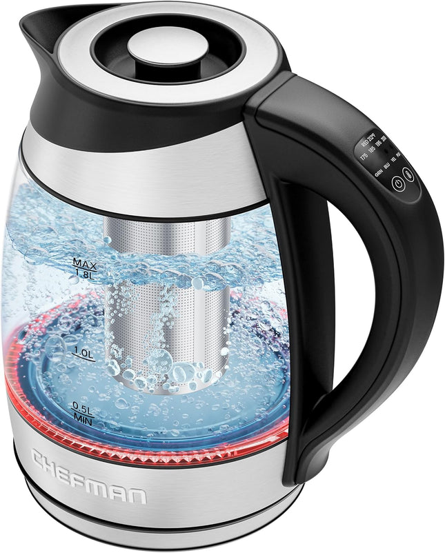 【Local warehouse】Chefman Electric Kettle with Temperature Control, 5 Presets LED Indicator Lights, Removable Tea Infuser, Glass Tea Kettle & Hot Water Boiler, 360° Swivel Base, BPA Free, Stainless Steel, 1.8 Liters