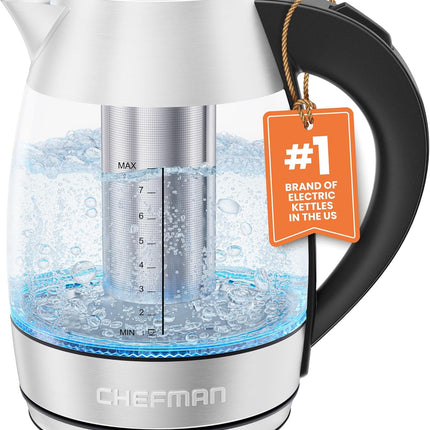 Электрический чайник CHEFMAN – 1,2 л, 1500 Вт, для горячей воды и чая, со съемным инфузером, без бисфенола А, с автоматическим отключением, защитой от выкипания, съемной крышкой, LED-подсветкой, беспроводной, стеклянный, из нержавеющей стали