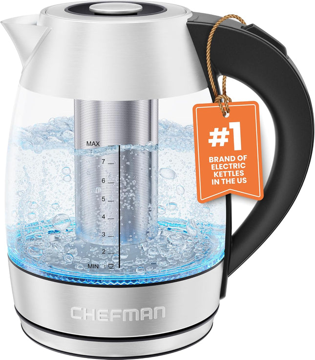 Электрический чайник CHEFMAN – 1,2 л, 1500 Вт, для горячей воды и чая, со съемным инфузером, без бисфенола А, с автоматическим отключением, защитой от выкипания, съемной крышкой, LED-подсветкой, беспроводной, стеклянный, из нержавеющей стали
