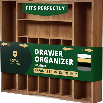 ROYAL CRAFT WOOD Роскошный органайзер для кухонного ящика из бамбука – органайзер для столовых приборов, держатель для кухонной утвари и лоток для столовых приборов, разделители для ящиков для столовых приборов (9 отделений, натуральный)