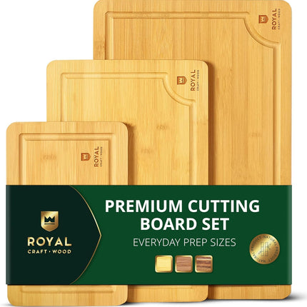 ROYAL CRAFT WOOD Деревянные разделочные доски для приготовления пищи и сервировки – Набор сервировочных досок из бамбукового дерева с глубоким желобом для сока и боковыми ручками – Для мясной нарезки и разделки мяса