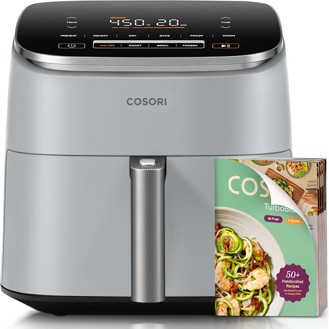 Cosori 9-in-1 TurboBlaze Air Fryer 6 Qt, PFAS-Free Ceramic Coating, 90°–450°F, Precise Heating for Even Results, Air Fry, Roast, Bake, Broil, Dry, Frozen, Proof, Reheat, Keep Warm, 120V, Dark Gray
