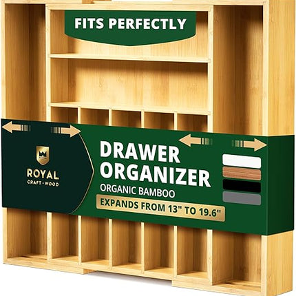 ROYAL CRAFT WOOD Роскошный органайзер для кухонного ящика из бамбука – органайзер для столовых приборов, держатель для кухонной утвари и лоток для столовых приборов, разделители для ящиков для столовых приборов (9 отделений, натуральный)