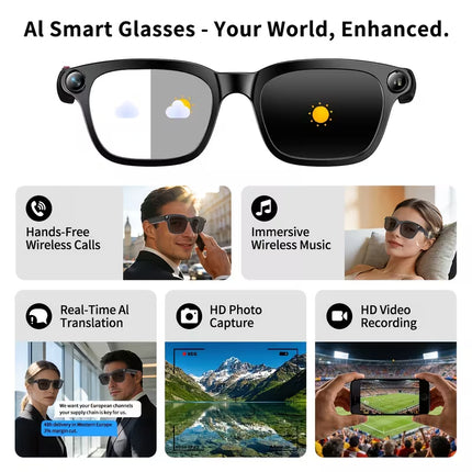 [Local warehouse]PEJE Smart Glasses with 800W Camera Compatible for Real-Time Translation, AI Voice Assistant, Wireless Calling/Simultaneous Interpretation, Wireless 5.4, Large Memory, Voice & Noise Reduction for Travel, Vlogging, Gifts