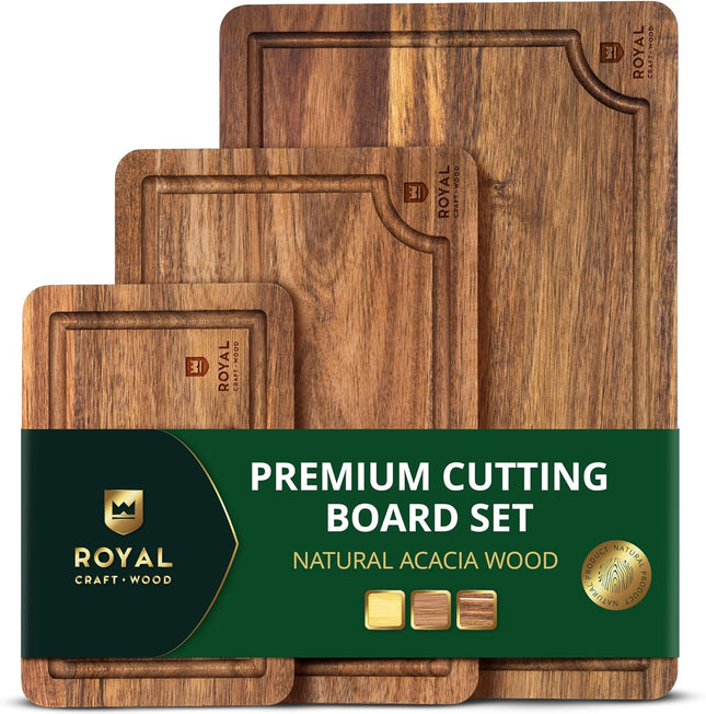 ROYAL CRAFT WOOD Деревянные разделочные доски для приготовления пищи и сервировки – Набор сервировочных досок из бамбукового дерева с глубоким желобом для сока и боковыми ручками – Для мясной нарезки и разделки мяса